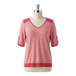 GAP Vintage Striped Knit Sweater Top Red White 3/4 Sleeve V-Neck Casual Size L